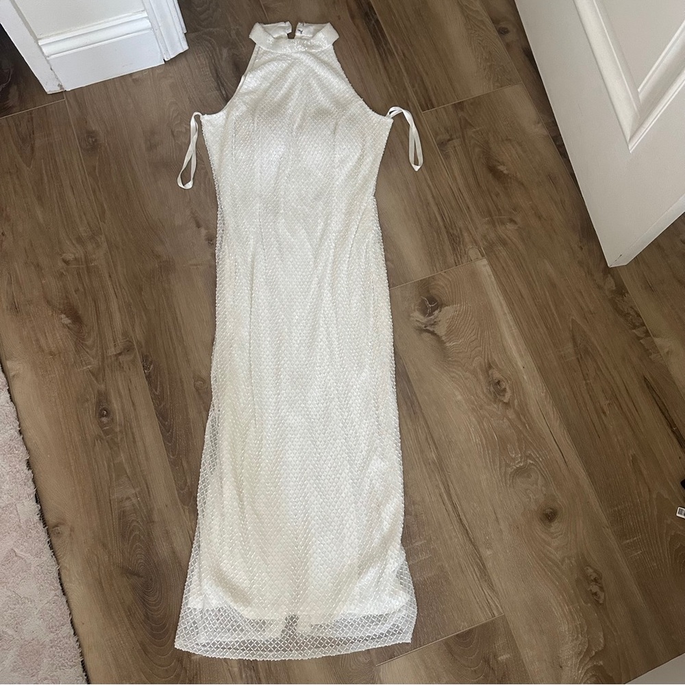 Mac Duggal White Halter Sheath Dress for Brides